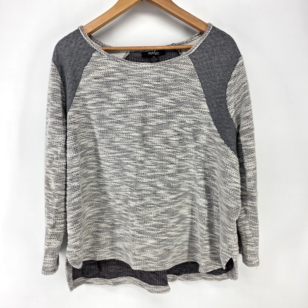 Style & Co Top Womens 2X Gray Space Dye Metallic Quilted Shoulder Long Sleeve